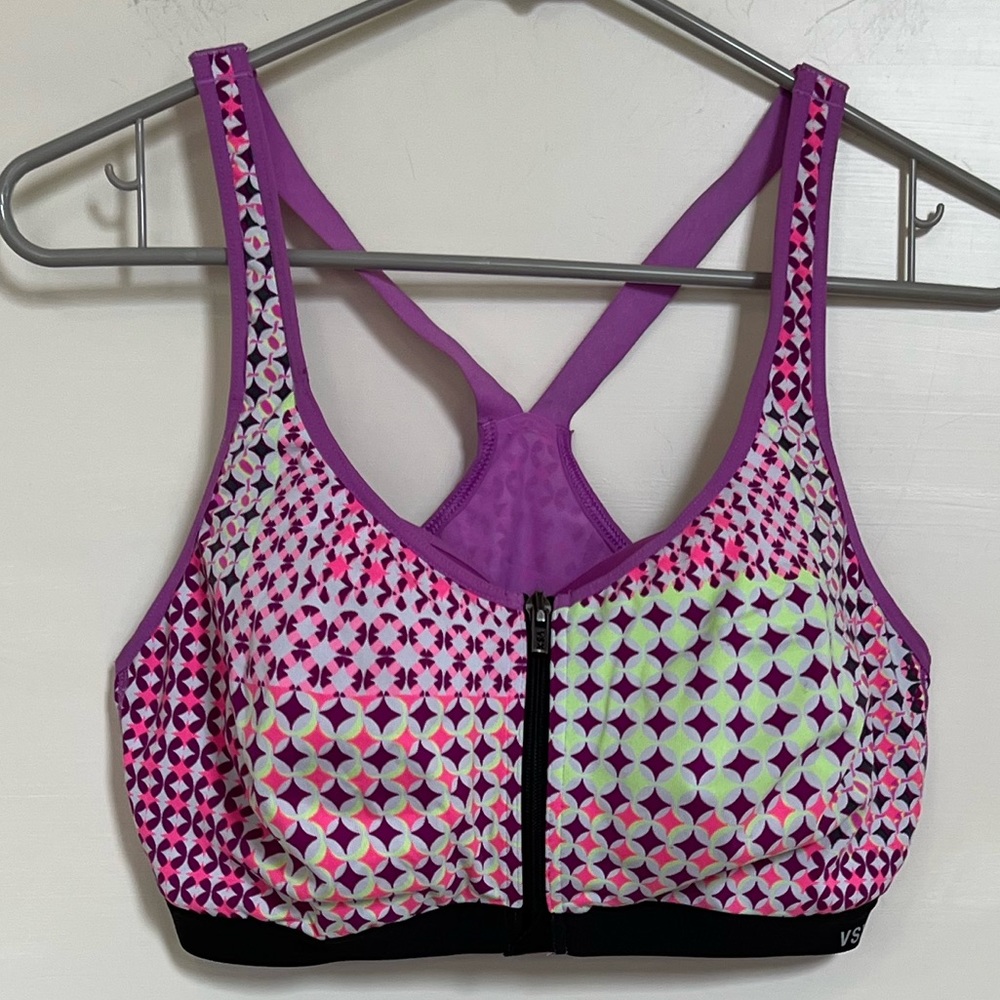 Multi colored, front zip, Victoria Secrets sports Bra, size 38D
